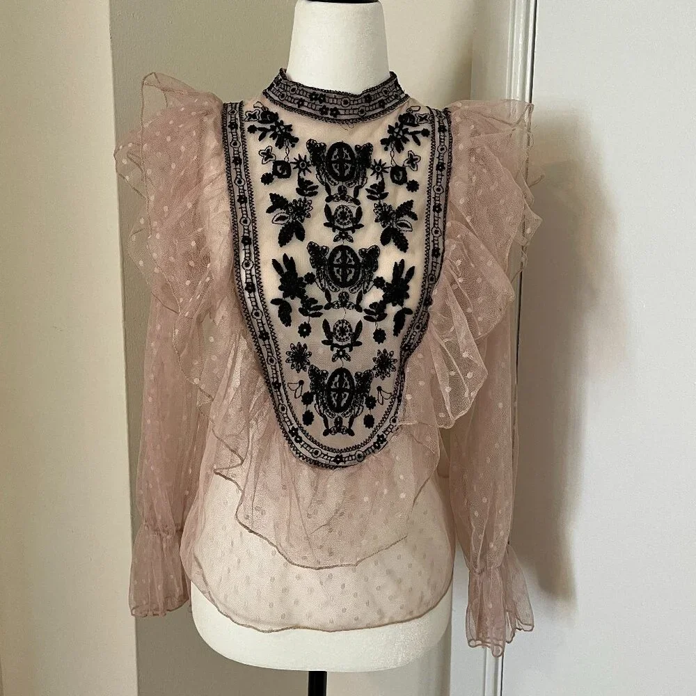 Romantic Sheer Ruffle Blouse with Embroidered Detail - Picture 8 of 9